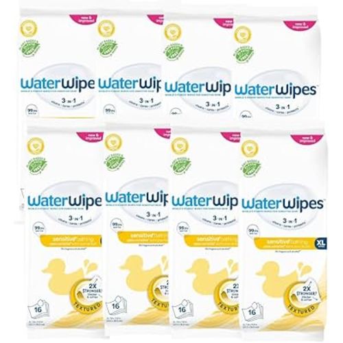 WaterWipes Sensitive+ Bathing Wipes, 3-In-1 Cleans, Cares, Protects, 99.9% Water, Unscented & Hypoallergenic, 16 Count (6 Pack)