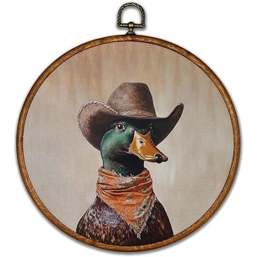 BCUANGD Western Hunting Round Wall Art Decor - Retro Duck Neutral Wall Art Canvas Frame Artwork Prints, Rustic Vintage Country Round Wall Hanging Decorations for Home Farmhouse Bedroom, 10"x10"