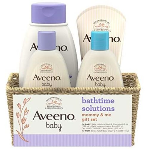 Aveeno Baby Mommy & Me Daily Bathtime Gift Set Including Baby Wash & Shampoo, Calming Baby Bath & Wash, Baby Moisturizing Lotion & Stress Relief Body Wash for Mom, 4 Items