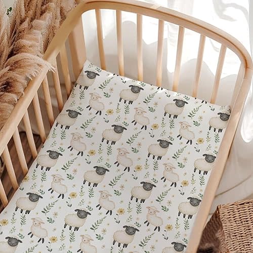 Unisex Farm Animlas Sheep Flowers Leaves Pattern Baby Fitted Crib Mattress Sheets for Baby Boys Girls Standard Crib and Toddler Mattress, Cute Sheep Print Crib Sheets Baby Nursery Bedding-28 * 52