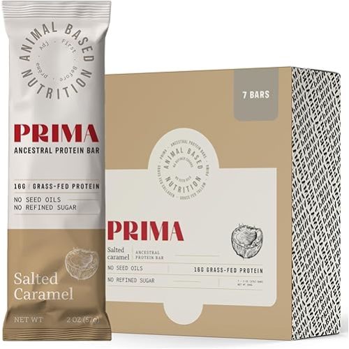 PRIMA Grass Fed Protein Bars, 7 Pack – Animal-Based Protein Bar with Beef Tallow, Raw Honey, Seed Oil Free, Low Carb, Gluten-Free – Healthy, Energy Snacks for Clean Lifestyle (7 Pack, Salted Caramel)