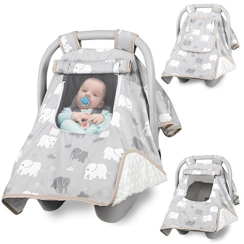 Baby Carseat Seat Cover Boys, Winter Carseat Canopy, Cozy & Warm Cover with Zipper Peep Windows, Infant Minky Carrier Cover, Soft Breathable, Baby Must Have, Grey Elephant