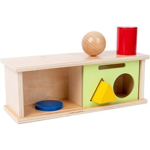 Montessori Toys for 1+ Year Olds Multi-Shapes Push and Pull Drop Box,Wooden Object Permanence Box for Toddlers 1-3,Ball Drop Toys for 1+ Year Old(4pcs,Ball, Coin, Triangular and Cylinder)