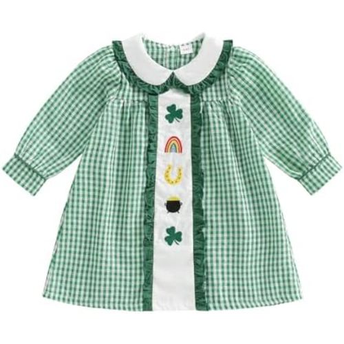 Adobabirl Toddler Baby Girl Easter Outfit Bunny Embroidery Smocked Dress Doll Collar Long Sleeve Plaid Dress for Kids