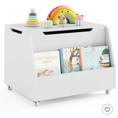 Costway Kids Toy Box Wooden Mobile Toy Storage Organizer with Bookshelf & Lockable Wheels Gray