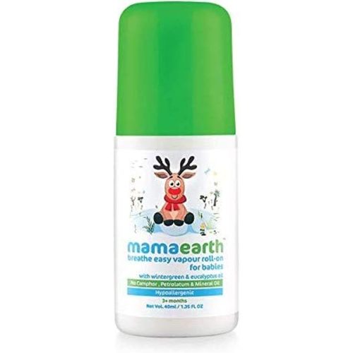 MAMAEARTH Breathe Easy Vapor Baby Roll On | Gentle Chest & Back Rub with Wintergreen & Eucalyptus | Helps Relieve Cold & Nasal Congestion | No Petroleum 1.35 Fl Oz/40ml (3month+)