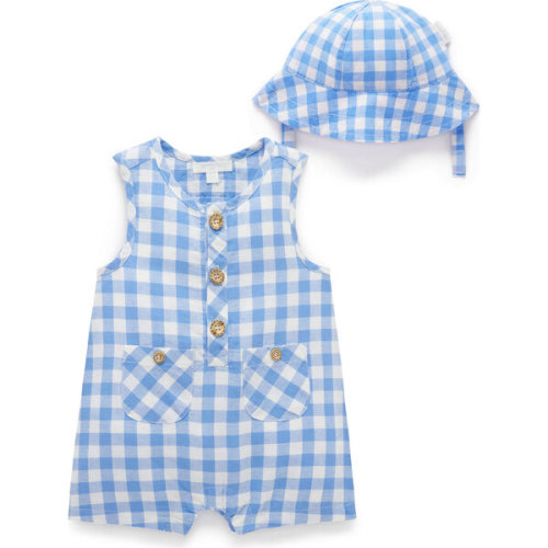 Linen Blend Romper & Sunhat Ocean Gingham - Purebaby | Maisonette