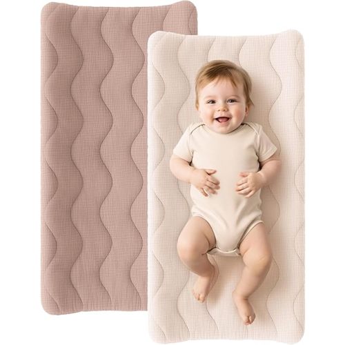 Konssy Waterproof Muslin Changing Pad Cover 2 Pack, 100% Cotton Quilted Diaper Changing Table Sheets, Soft Breathable Boho Nursery Bedding for Baby, Silent & Absorbent Standard Fit (Taupe,Cream)