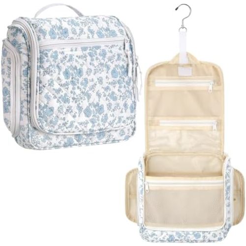 Eccliy Blue Floral Travel Toiletry Bag for Women Quilted Makeup Bag with 19 Compartments and Hook Christmas Gift for Women Toiletry Organizer for Cosmetics Bathroom Shower Travel Accessory Essentials