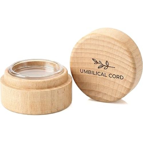 Baby Umbilical Cord Memorial Box with Transparent Acrylic Box Beech Wood Memorial Container Round Newborn Wood Keepsake Case Fetal Hair Storage Minimalist for Christening Baby Shower
