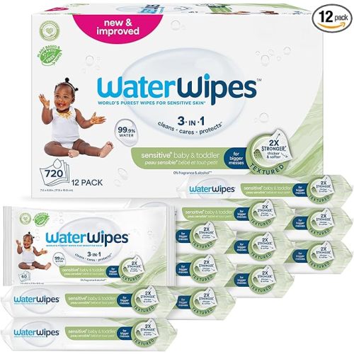 WaterWipes Sensitive+ Baby & Toddler Wipes, 3-In-1 Cleans, Cares, Protects, 99.9% Water, Textured Clean, Unscented & Hypoallergenic, 720 Count (12 Packs)