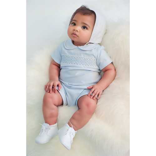 Baby Boys Light Blue Geo Smocked Bubble With Bonnet
