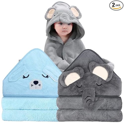 2 Pack Hooded Baby Towel - Premium Soft Bath Towel for Bathtub for Babie, Newborn, Infant - Ultra Absorbent, Natural Baby Stuff Towel for Boy and Girl (Elephant, Dog)
