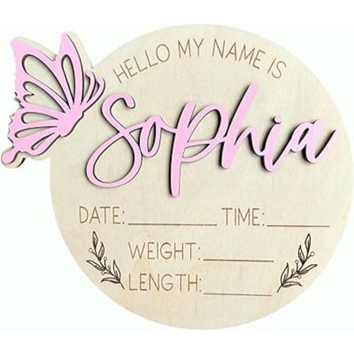 Personalized 3D Butterfly Birth Announcement Sign, Wooden Name sign, Hospital Photo prop Baby Name Reveal (Butterfly Left Hello My Name is)