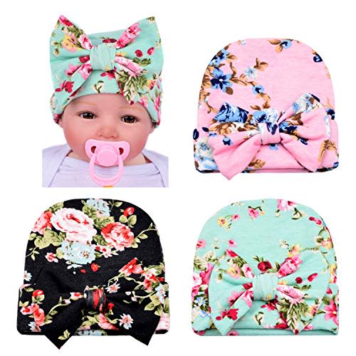 DRESHOW BQUBO Newborn Hospital Hat with Bow Cotton Infant Baby Cap Soft Cute Nursery Beanie Hat for Baby Girl Boy 0-3 Months