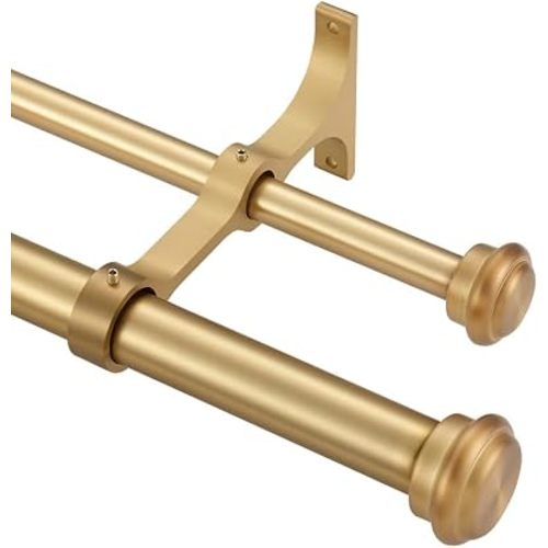 Warm Gold Double Curtain Rods for Windows 72-144", Double Drapery Rods with End Cap Finials, Adjustable 1-Inch Front and 5/8 Inch Back Double Rod Curtain Rods, Telescoping Double Window Rods Warm Gold