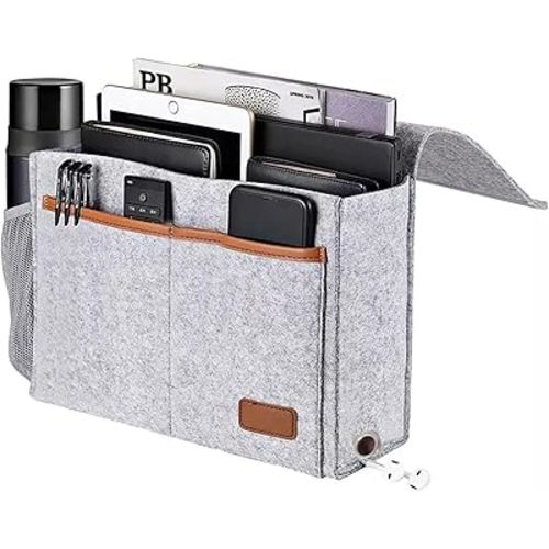 Bedside Caddy,Felt Bedside Storage Organizer, Hanging Storage for Dorm Bed Sofa for tablet Magazine Phone Remotes and Water Bottle Holder (Light Grey)