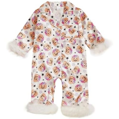 Baby Girl Satin Pajamas Bow Print Silk Romper Pjs Long Sleeve Feather Trim Button Down One-Piece Sleepwear Jumpsuit