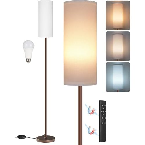 Dimmable Floor Lamps for Living Room with Remote and Foot Switch, 64.4” Modern Standing Tall Lamp, Corner Lamp for Bedroom, Bulb Included, 3000K-6500K, White and Brown VCW06LD05W1