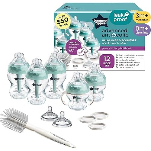 Tommee Tippee Advanced Anti-Colic 12 Piece Set, 5 oz and 9 oz BPA Free Bottles, Newborn 0+ Months, Includes Slow & Medium-Flow Breast-Like Nipples and Bottle Handles and Cleaning Brush