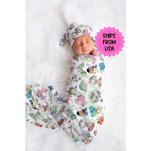 Personalized Disney Swaddle set hat, custom name Newborn going home swaddle, boys hospital reveal, toy story swaddle