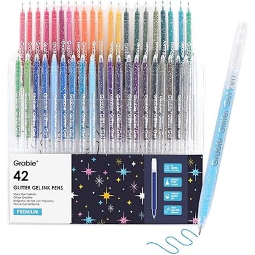 Grabie Set of 42 Glitter Gel Pens Set, Silver Sparkle Ink, 1.0mm Fine Tip Gel Pens for Adult Coloring Books, Journaling, Drawing, Scrapbooking, Smooth Writing Art Supplies