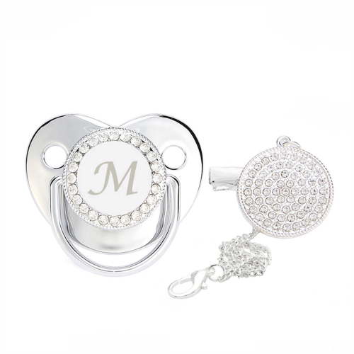 Nrmvnmi Baby Pacifier and Clips with Rhinestones Silver Bling 26 Letters Initials Personalized Baby Infant Newborn Pacifier