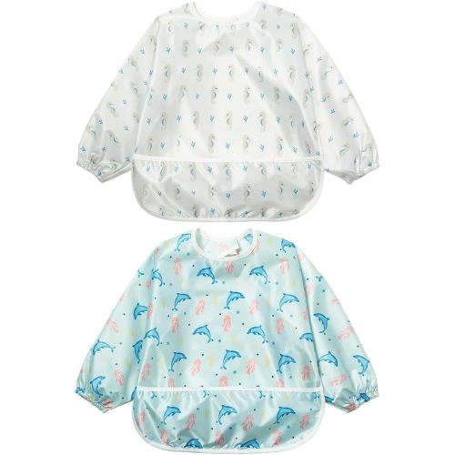 Baby Bib with Pocket Waterproof Toddler Bibs Infant Feeding Bibs for Boys and Girls, Pack of 2 Colors