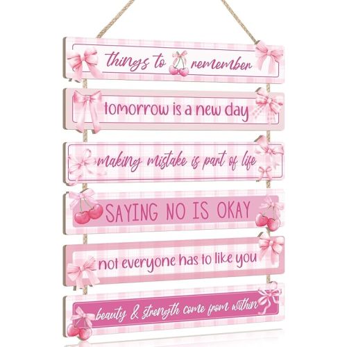 HPNIUB Inspirational Wall Art for Girls, Sage Pink Positive Quotes Wall Decor, Cute Preppy Cherry Bow Wooden Sign Uplifting Encouragement Gifts for Motivational Art for Home Bedroom Decorative