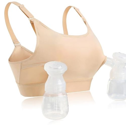 Hands Free Pumping Bra Hands-Free Breast Pump Bra Nursing Bra for Pumping, Holding & Nursing, Beige, Medium
