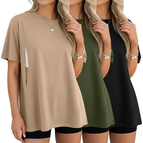 Sweetyweee 3 Pack Women's Oversize Nursing Breastfeeding Shirts Hidden Zipper Short Sleeve Loose Fit Maternity Tops