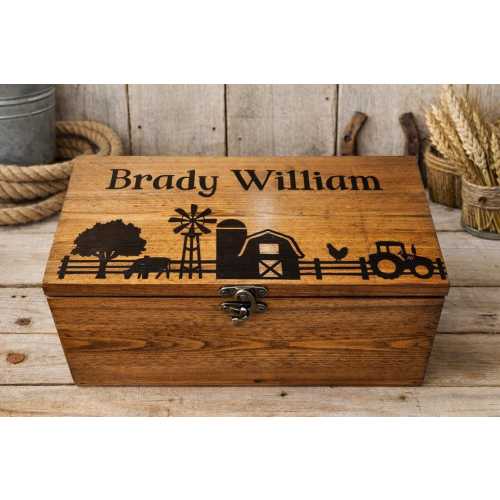 Personalized Farm Keepsake Box | Farm Kid Memory Box | Tractor Barn Design | Rustic Country Baby Keepsake