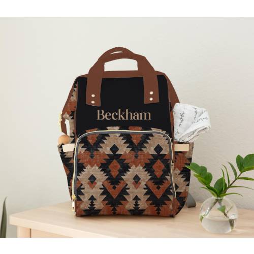 Personalized Diaper Bag Backpack - Custom Tan, Black and White Striped Baby Bag, Baby Shower Gift with Name