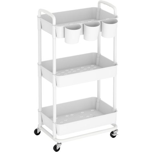 ACCSTORE 3-Tier Baby Diaper Caddy Organizer Cart with Locking Wheels & Hanging Cups - Rolling Storage Cart for Nursery, Changing Table, Baby Essentials,White