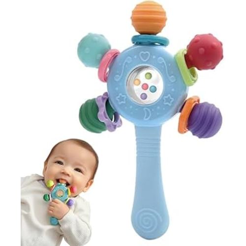 Baby Montessori Sensory Toys for 0-6 6-12 Months, Montessori Early Education Toy, Teething Toy for 3-6 Months, 6-12 Months, Rattle Stick Toy,Baby Rattle, Grasp Training Toy, Baby Teething Toys, Newborn Toys (Blue)