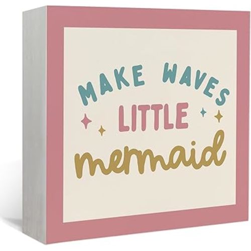 Lacama Mermaid Girls Room Decor Wooden Box Sign, Ocean Nursery Decorations Wood Block Signs, Make Waves Little Mermaid Wood Sign for Baby Little Girls Room Bedroom Desk Shelf Wall Decor 5x5 Inches