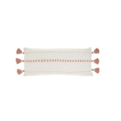 HomeRoots 12" X 30" Pink and White Striped Cotton Lumbar Throw Pillow With Tassels