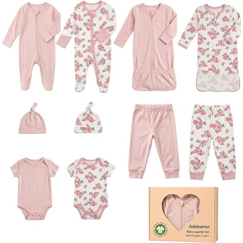 Aablexema Organic Cotton Baby Layette Set, 10pcs Newborn Essentials Footed Pjs, Bodysuits, Pants, Hats, Nightgowns