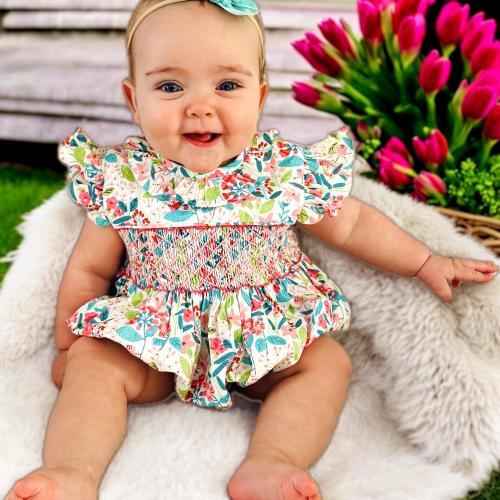 Smocked Madrid Bubble in Vibrant Floral-  Hand Smocked Romper, Baby Girl, Liberty, Easter, Heirloom, Vintage, Matching Sibling 728 *B