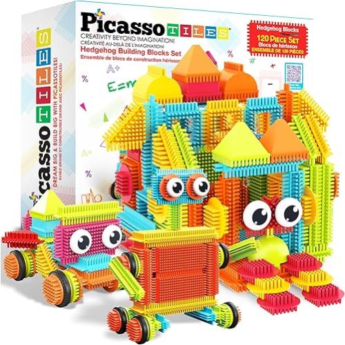 PicassoTiles 120pcs Hedgehog Interlocking Building Blocks Tiles Construction Toy Set Learning Playset