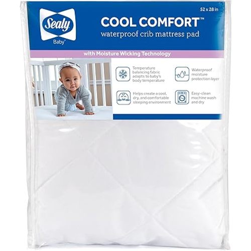 Sealy Baby Cool Comfort Cooling Breathable Waterproof Crib Mattress Protector Pad, Toddler Bed Cover, Infant and Newborn Durable Comfortable Topper, Machine Washable and Dryer Friendly, 52x28”- White
