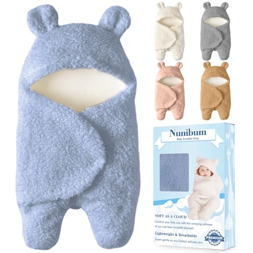 Nunibum Baby Swaddle Blanket Boys Girls Cute Bear Plush Essential Receiving Blanket Ultra-Soft Newborn Registry Sleeping Wraps for Infant 0-6 Months - Blue