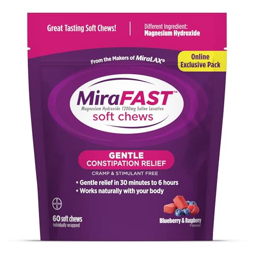 MiraFAST Soft Chews, from the Makers of MiraLAX, Gentle Constipation Relief, Fast Acting, Stimulant Free Saline Laxative, Magnesium Hydroxide, Blueberry & Raspberry Flavor, 60ct