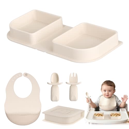 Beige Travel Silicone Foldable Feeding Set, On-the-Go Baby Feeding Supplies Including Toddler Plates, Silicone Baby Spoon&Fork, Adjustable Foldable Bib, Portable Infant Toddler Utensils