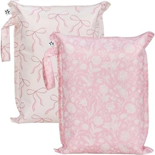 Tiny Twinkle Mess Proof Wet Bags | 2-Pack Reusable Waterproof Wet Bags for Swimsuits | Baby Clothes | Travel & Diaper Bag (Bows,Toile)