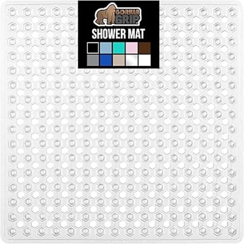 GORILLA GRIP Patented Bath Tub Shower Mat, Machine Washable Bathtub Floor Liner Mats, Suction Cups and Drain Holes to Keep Tubs Clean, Soft on Feet, Bathroom Essentials, 35x16 Inch, Clear