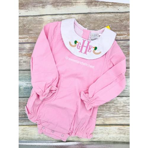 Baby girl monogrammed bishop bubble in pink corduroy with duck design, 1st birthday mallard outfit, hunting cake smash outfit