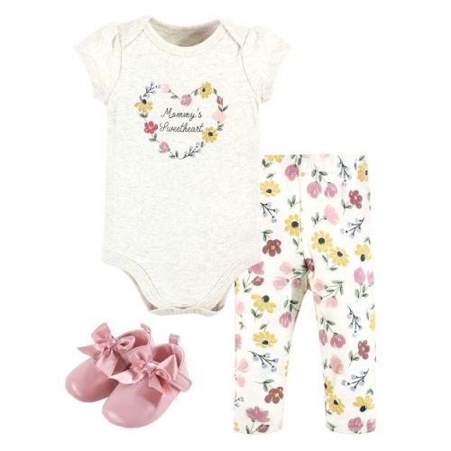 Hudson Baby Infant Girl Cotton Bodysuit, Pant and Shoe Set, Soft Painted Floral, 0-3 Months