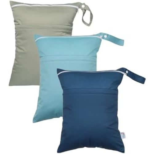 Wet Dry Bags 3 Pack Two Zipper Pockets Travel Beach Pool Reusable Waterproof Yoga Gym Bag for Baby Cloth Diaper Swimsuits Wet Clothes Grey Blue 3L03