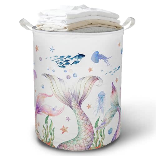 Mermaid Coastal Laundry Basket Hamper, Beach Ocean Nursery decor, Under the Sea Animal Foldable Clothes Toys Books Storage Box Bins Baskets Organizer for Girls Kids Bedroom Bathroom